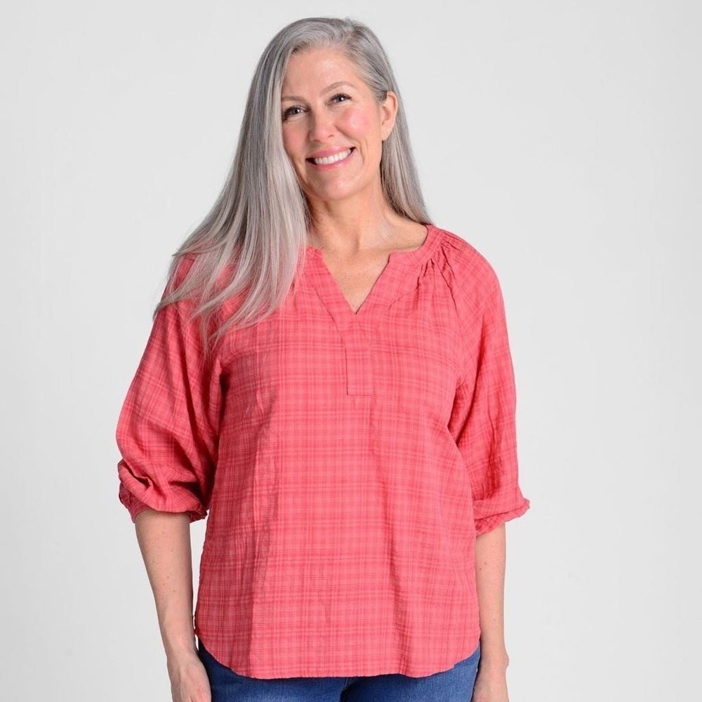 Christopher & Banks Petite Plaid V-Neck 3/4 Sleeve Blouse Top PM NWT $45